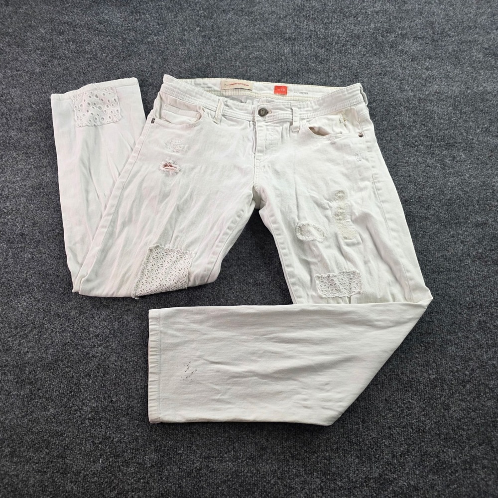 Pilcro Anthropologie Hyphen Jeans Distressed Lace Patch White Denim 29 Womens